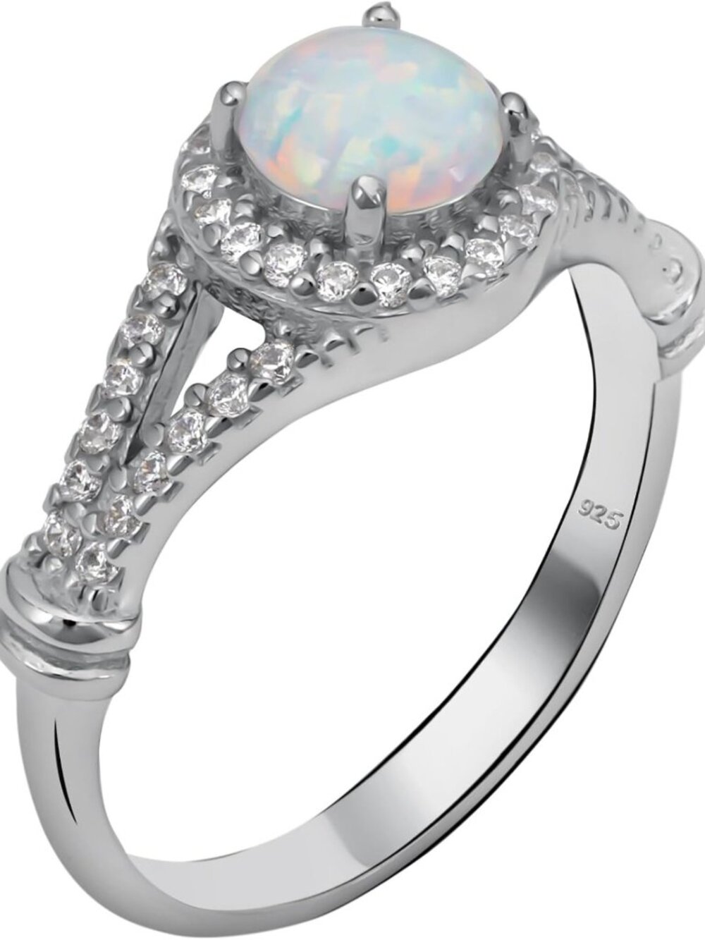 925 Sterling Silver Halo Ring with Simulated Fire Opal & CZ Accents - Perfect